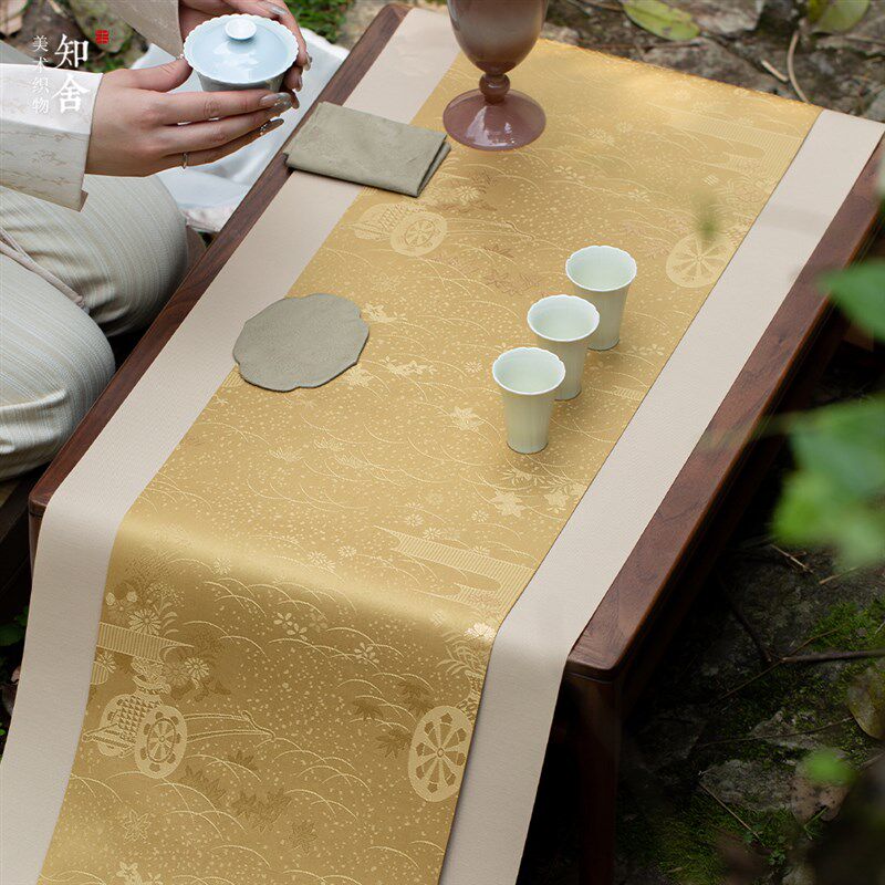载春归织锦茶席套组复古中式茶桌台布垫子双面禅意布艺桌旗喝茶