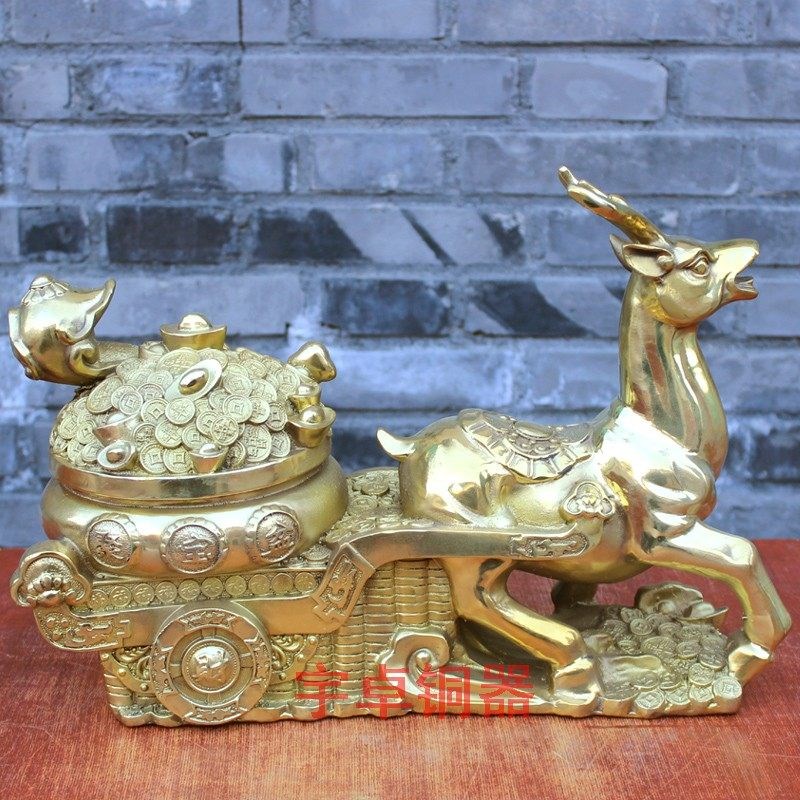 宇卓 纯铜鹿 黄铜鹿 铜鹿拉车聚宝盆财宝车 财禄呈祥 工艺礼品