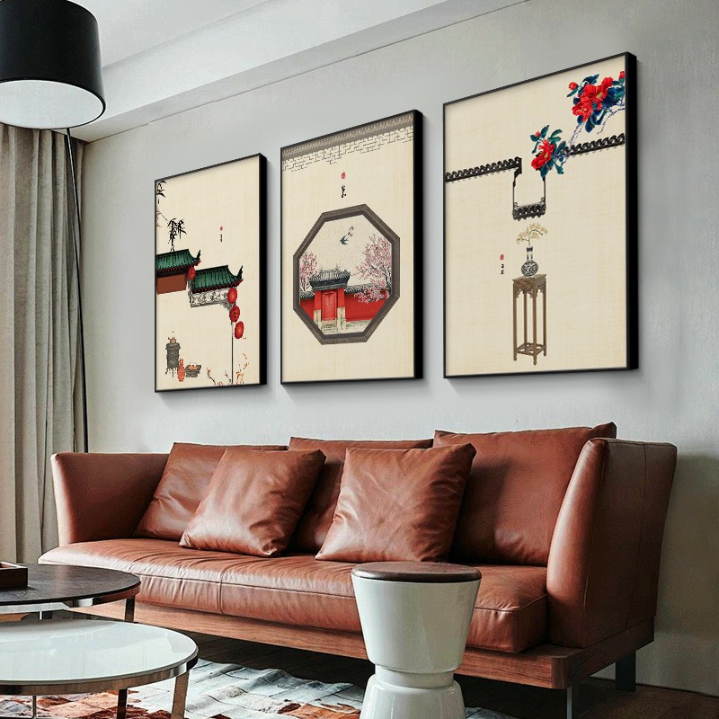 新中式客厅装饰画民宿墙面竖版挂画中国风餐厅沙发背景墙三联壁画