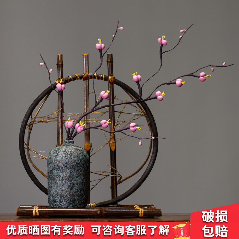 新中式复古陶瓷花瓶插花创意禅意摆件手工编织竹子客厅茶室装饰品