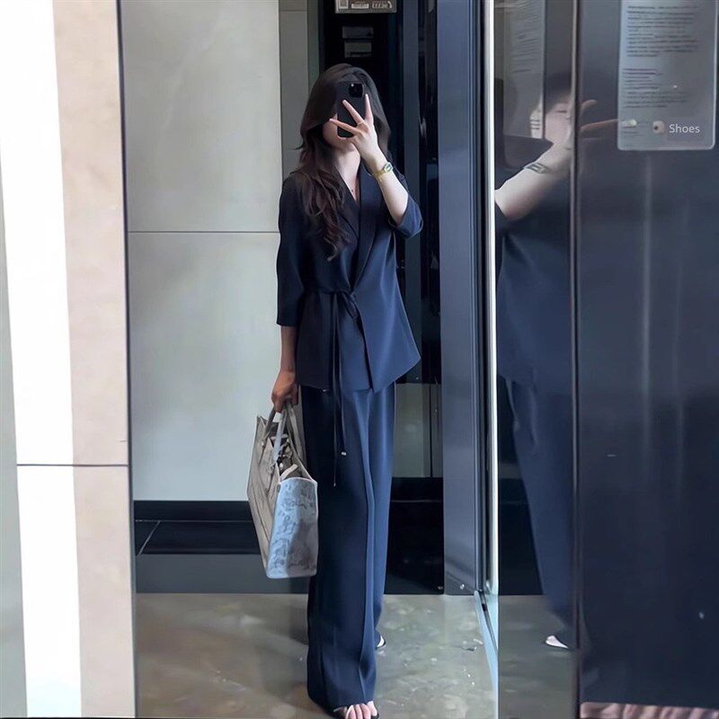 春秋新款加码女士专业修身系带套装,适合肥胖mm,搭配干练优雅的阔