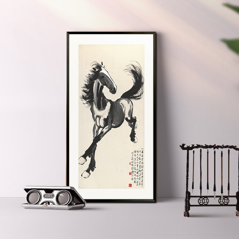 铝合金新装饰中式挂画精品一马当先徐悲鸿带框黑色房间高清微喷