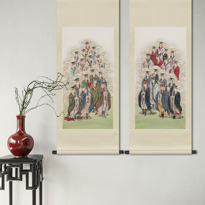 工笔神仙人物国画三十二天帝画像水陆画玄关书房新中式卷轴挂画框