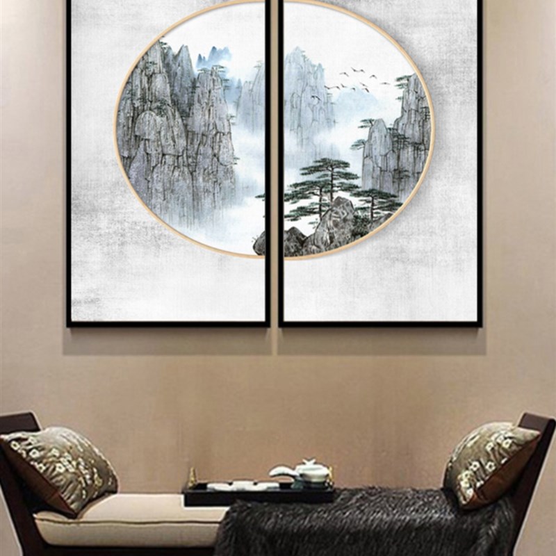 网红新中式竖装饰挂画入餐厅背景墙壁双户联画版窄长禅意复古玄关
