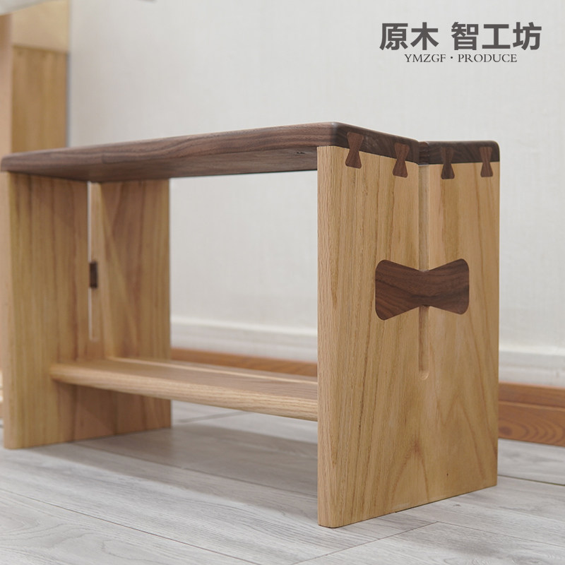 原木智工坊 燕尾换鞋凳黑胡桃小凳子门口穿鞋凳长条凳实木床尾凳