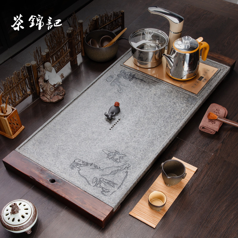 茶锦记乌金石茶盘家用整块天然功夫茶具套装电磁炉一体简约石茶台