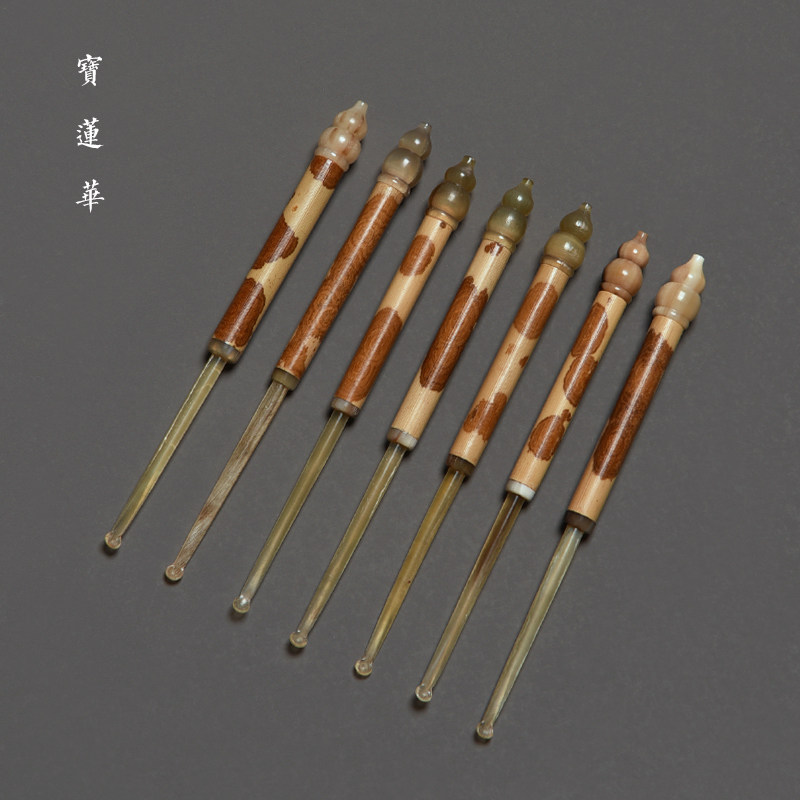 红湘妃竹节柄镶花牛角挖耳勺 掏耳勺 茶玩文玩茶拨采耳挖耳朵勺子