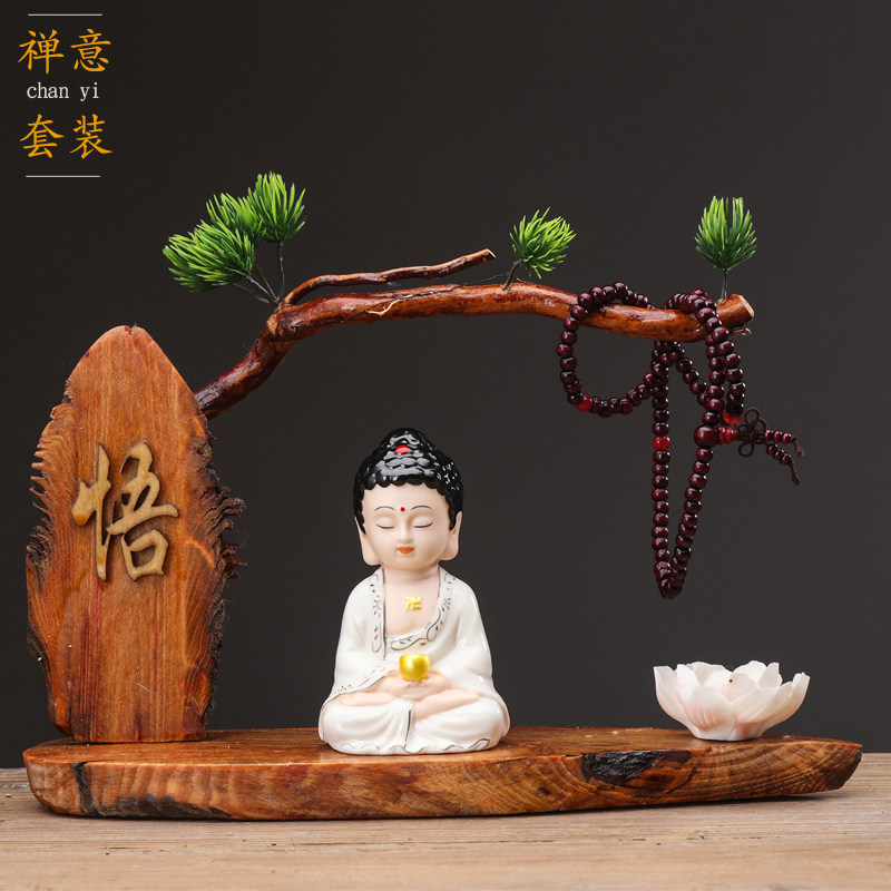创意新中式禅意根雕风化木摆件陶瓷平安佛如来观音家居软装饰品