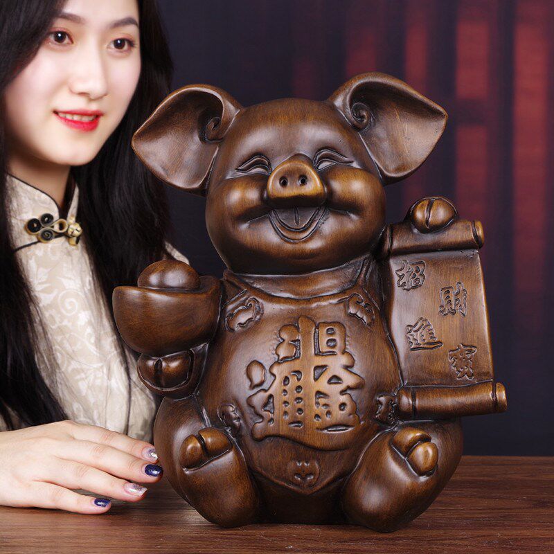 猪摆件实木雕招财进宝新中式创意生日礼品家居客厅玄关酒柜装饰品
