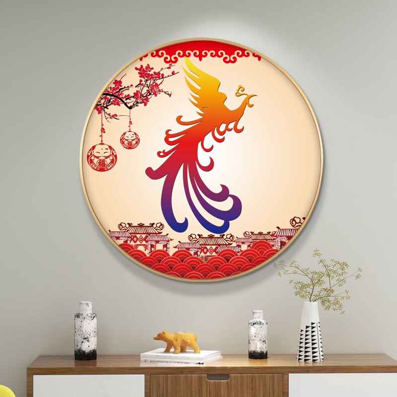圆形凤凰的挂画中国风新中式客厅沙发背景墙装饰画玄关图案壁定做