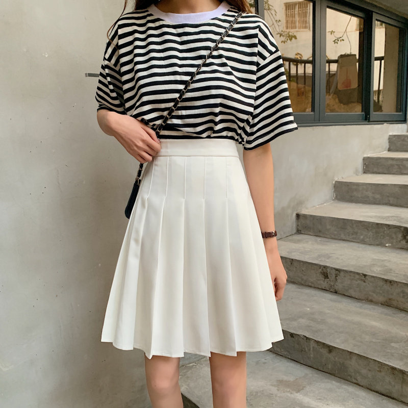 百褶裙中裙女夏2021新款大码白色半身裙胖mm学生a字短裙遮胯裙子