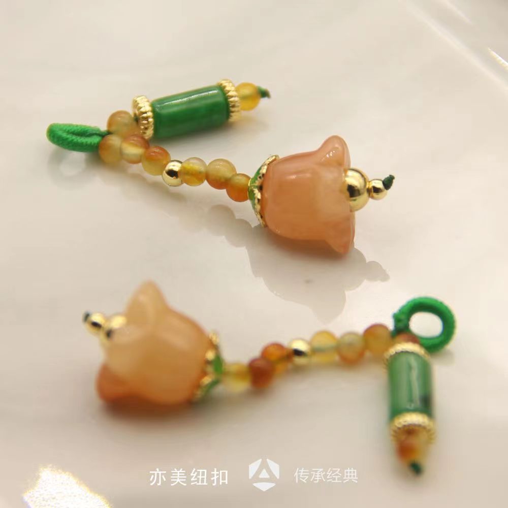 天然喇叭花玉石领口扣适用旗袍汉服 银珠链压襟流苏饰品绿色桔色