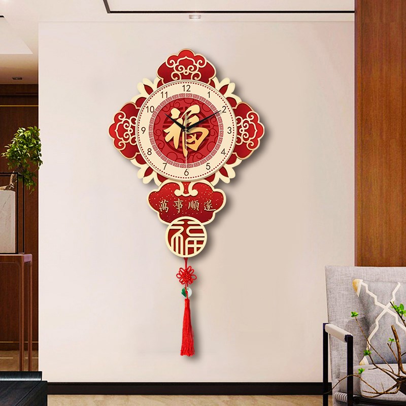 新中式装饰画玄关福字挂钟中国风客厅电子时钟餐厅钟表挂画中国结图片
