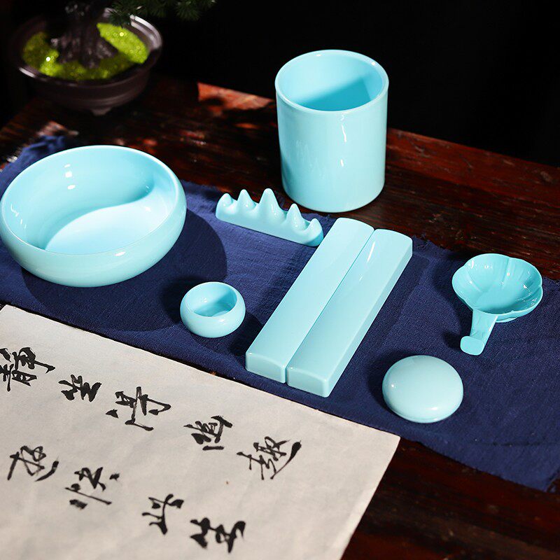 文房四宝配件仿玉笔洗笔筒镇尺笔架仿陶瓷塑料防摔水洗镇纸笔搁笔