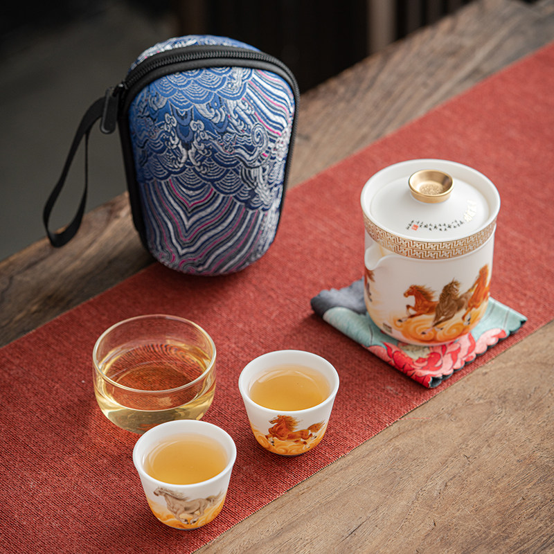 唐舍马到成功中国风旅行茶具套装快客杯一壶三杯羊脂玉瓷便携泡茶