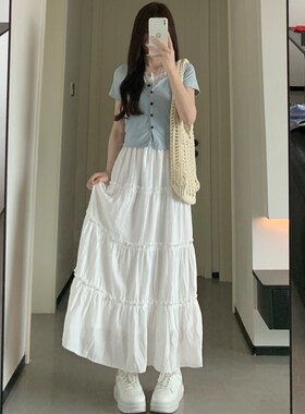 白色半身裙女夏薄款2024年新款中长款高腰a字长裙显瘦蓬蓬蛋糕裙