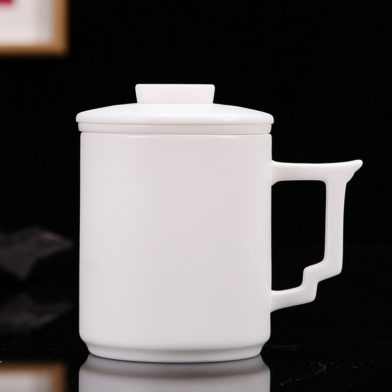 陶瓷泡茶杯子带盖办公室泡茶杯素烧羊脂玉过滤杯虑茶杯子定制logo