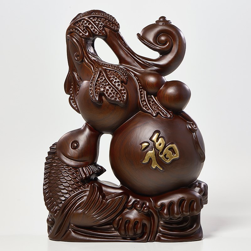 黑檀木雕福禄有鱼葫芦摆件实木客厅玄关电视柜中式装饰品祝寿送礼