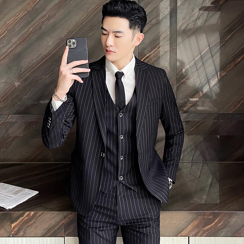 西服三件套高级感西装男商务正装西服套装修身潮条纹新郎结婚礼服