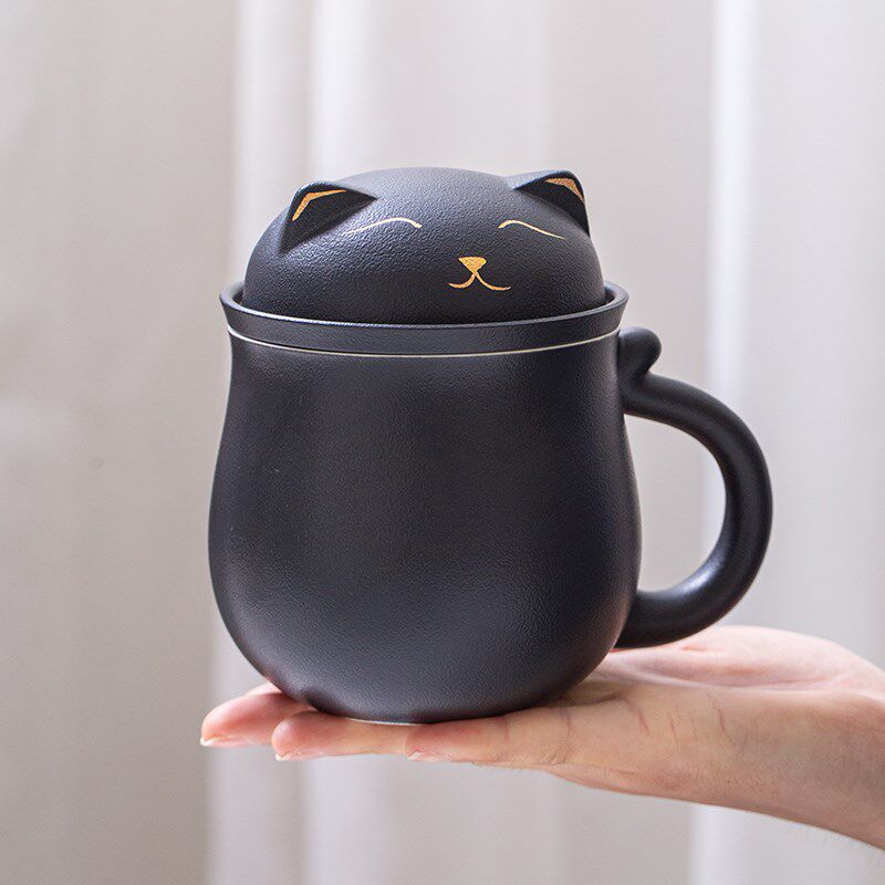 卡通猫咪陶瓷茶水分离泡茶杯办公室个人专用水杯带盖过滤情侣杯子