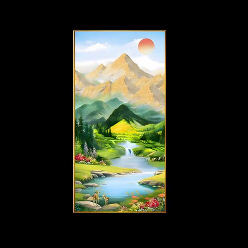 青山绿水挂画东西墙客厅玄关装饰画日照金山聚宝盆绿色风景背景图