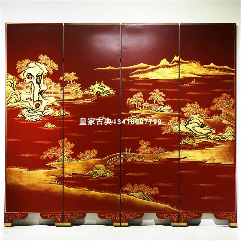 古典中式描金屏风隔断壁画装饰画纯手工酒店大堂漆画背景包间装饰