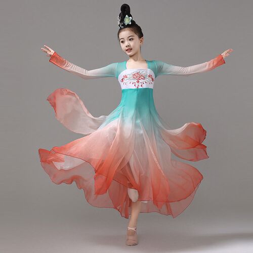 锦鲤连年女童古典舞舞蹈服飘逸渐变连衣裙仙气大摆裙儿童演出服装