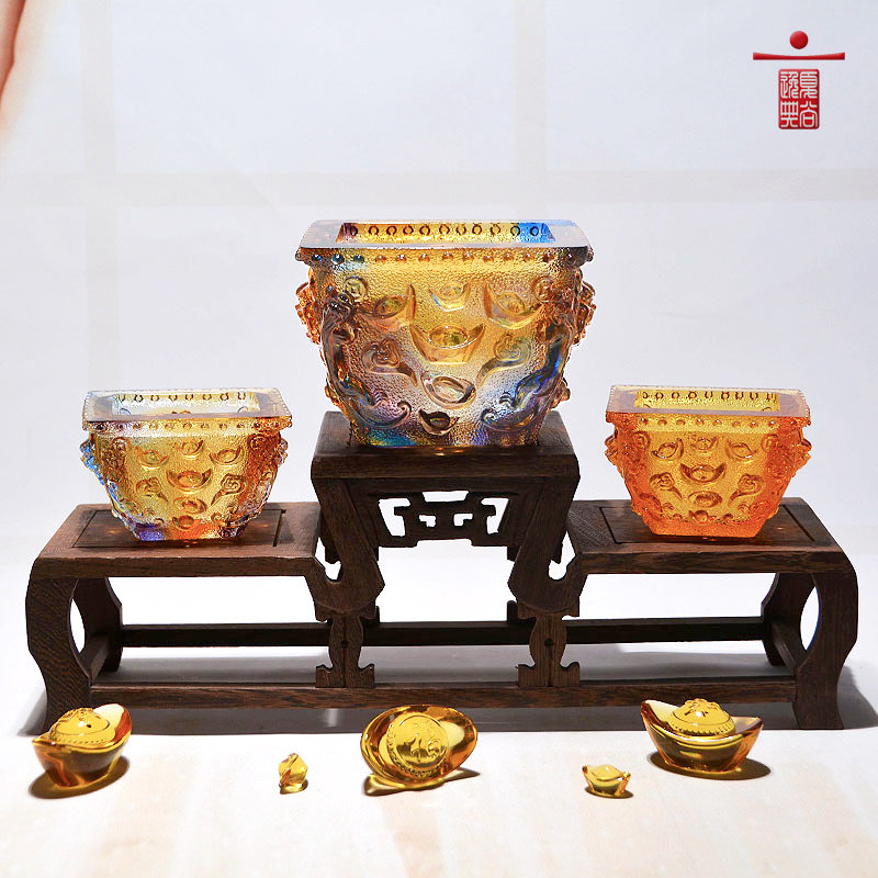 琉璃工艺品桌面门口玄关钥匙收纳盒中式创意水晶聚宝盆办公室摆件