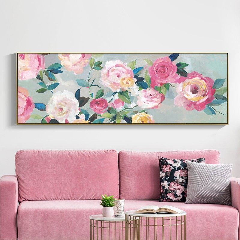 卧室床头装饰画粉色花卉治愈系女孩房间挂画横版客厅沙发背景墙画