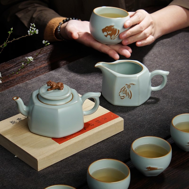 汝窑茶壶泡茶家用单壶原矿泥料复古手工汝瓷开片景德镇陶瓷卧虎壶
