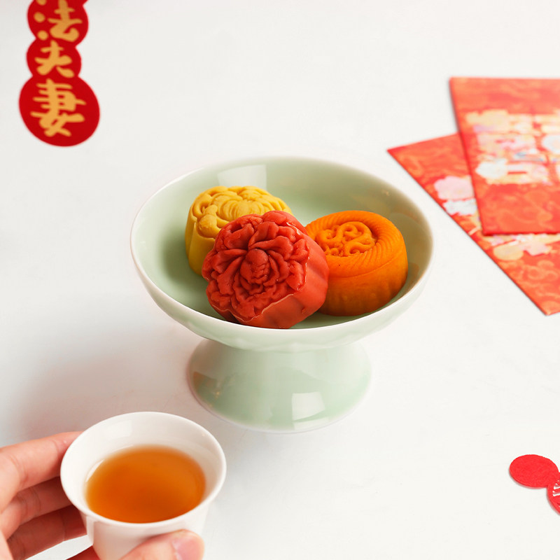陶瓷高脚盘中式 订婚甜品台家用白瓷结婚茶点盘 莲花水果盘糕点碟