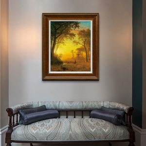 森林祥鹿 美式客厅竖版装饰画 森林之光欧式玄关走廊风景油画版画