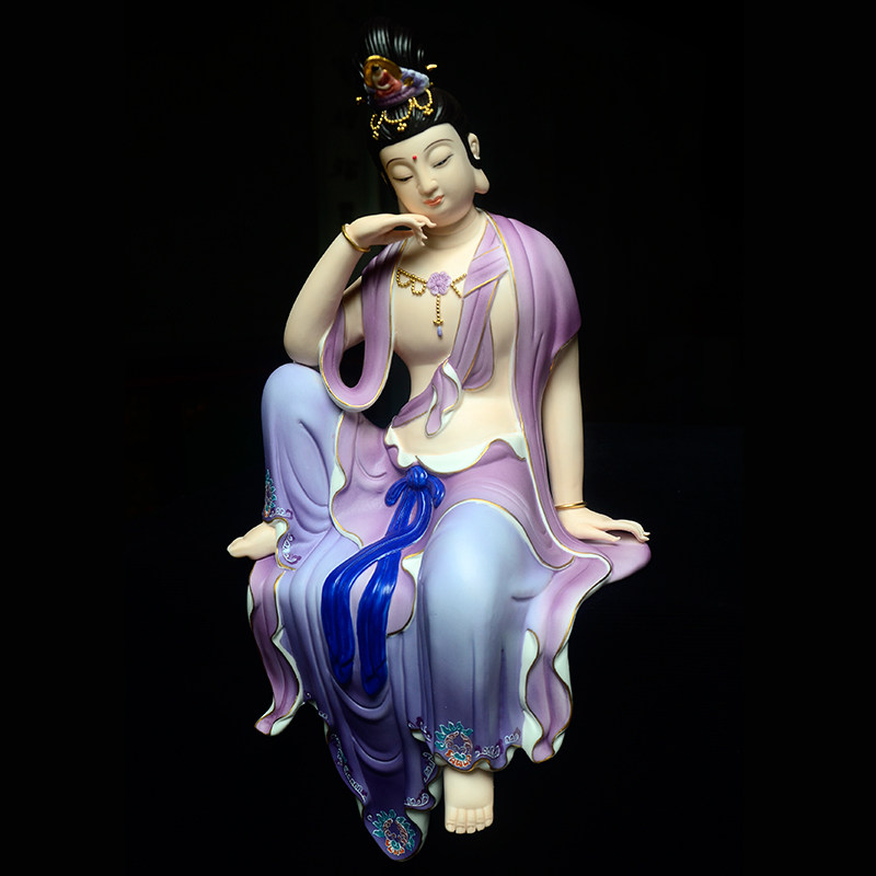 彩绘水月自在观音陶瓷佛像家用客厅玄关装饰品工艺品中式禅意摆件