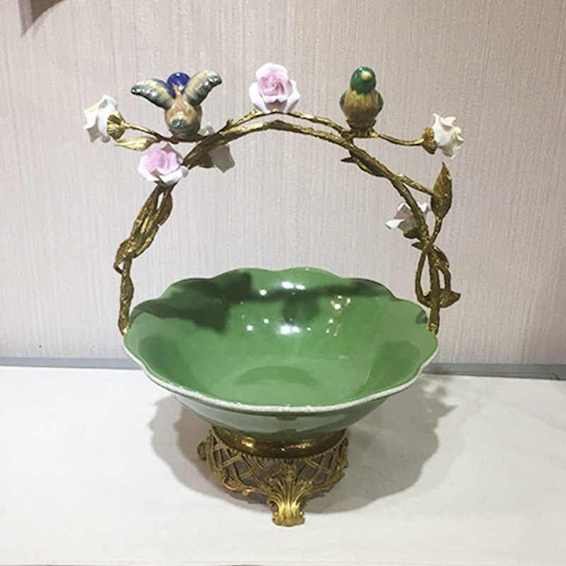 美饰家居陶瓷配铜小鸟提篮果盘 客厅茶几美式家居高端工艺品摆件