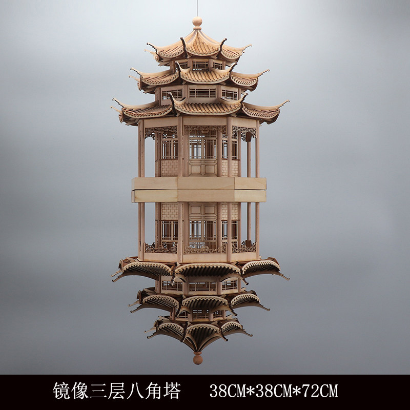 新中式日式仿古建筑模型禅意山水镜像木雕装置吊饰酒店民宿挂件