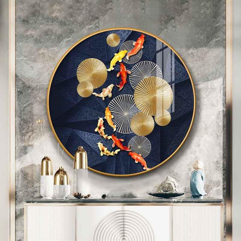 九鱼图玄关装饰画圆形九尾鱼餐厅壁画饭厅单幅挂画晶瓷镶钻聚财