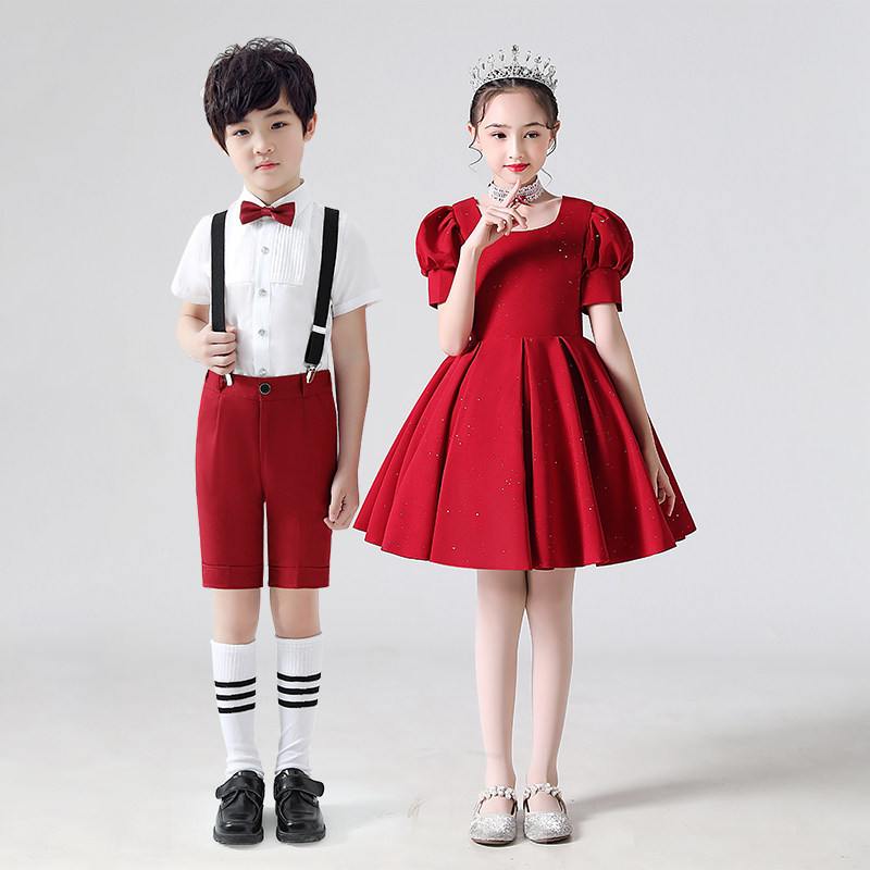 儿童合唱演出服女童舞蹈裙男童背带裤小学生朗诵礼服六一表演服装
