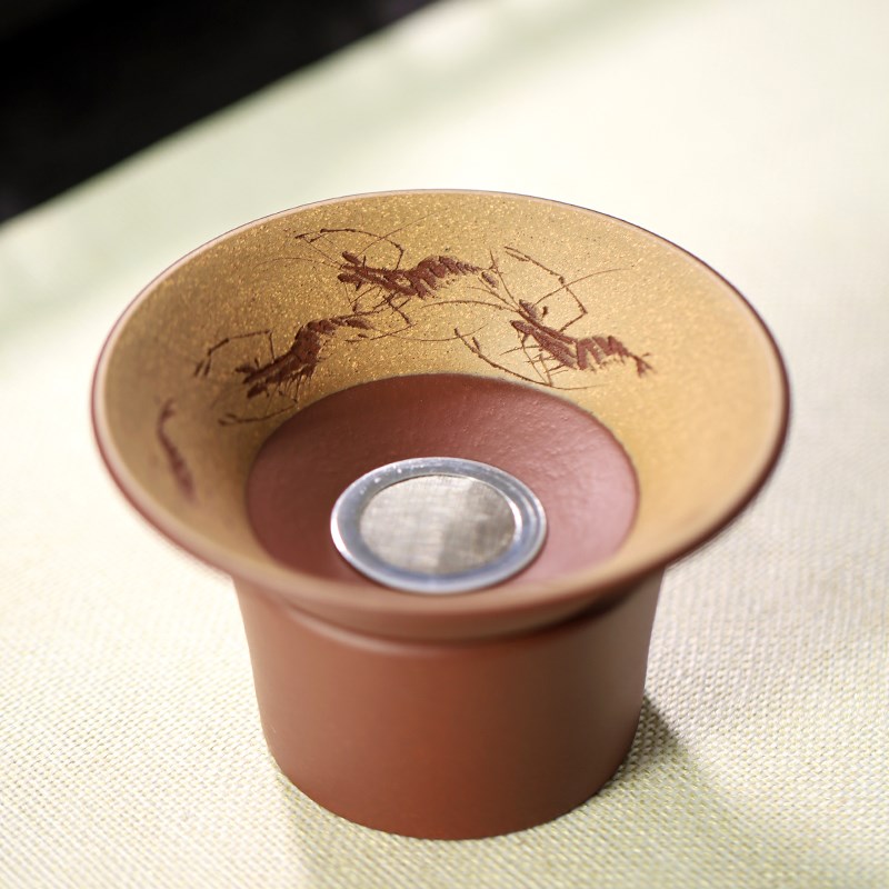 宜兴原矿紫砂茶漏全手工刻绘斗笠茶滤茶道配件茶叶过滤器家用茶隔