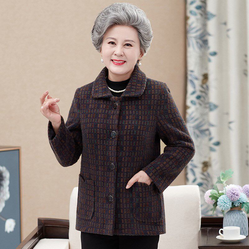 老奶奶秋装毛呢棉衣外套60岁中老年人太太女加绒加厚呢子妈妈冬装