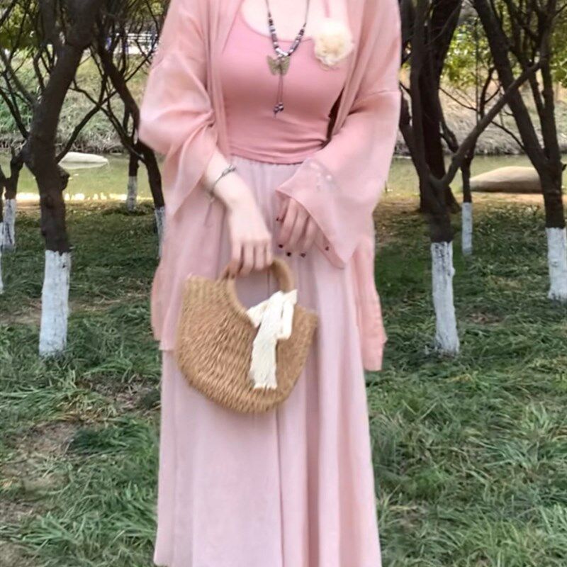 她来了复古馆清冷禅意新中式仙女温柔粉显瘦套装裙中长半身仙女裙