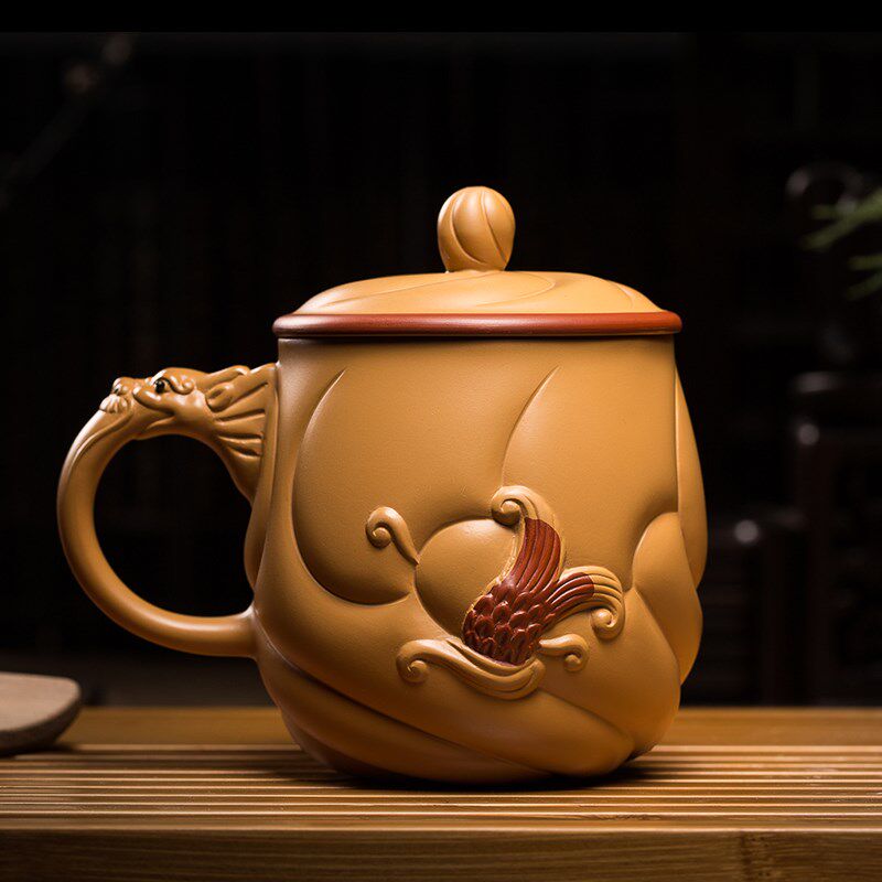 宜兴原矿紫砂杯茶杯鱼化龙家用带盖子过滤泡茶杯手工办公室盖杯单