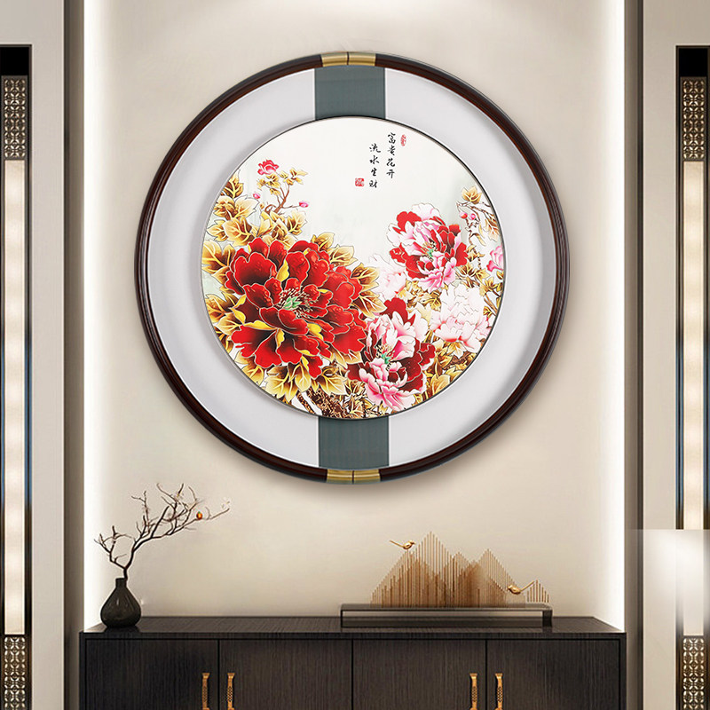 入户玄关装饰画圆形铜雕画led灯带九鱼图新中式过道走廊挂画高档
