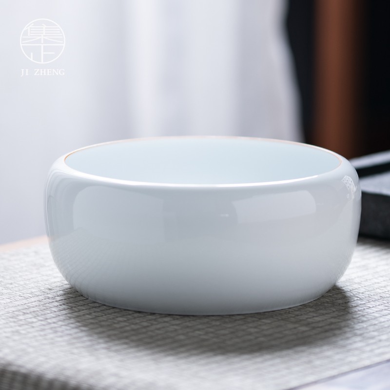 集正 甜白瓷大号茶洗茶道杯洗陶瓷水洗茶杯收纳碗水盂茶具配件