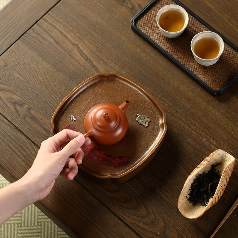 好茗天 纯铜壶承 手打锤纹紫砂养壶干泡茶台金属储水茶盘旅行茶具