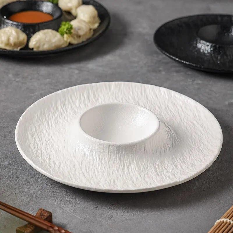 陶瓷水饺盘虾盘带蘸碟盘子商用高级圆盘酒店家用盘子私房菜专用盘