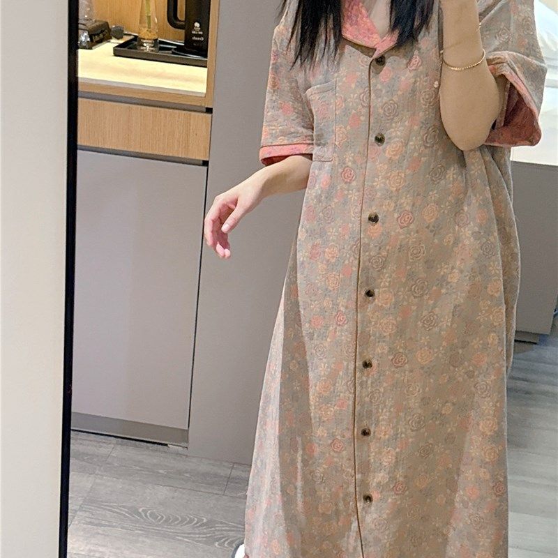国风短袖开衫睡裙女薄款双层纱布棉翻领睡衣大码胖mm200斤家居服
