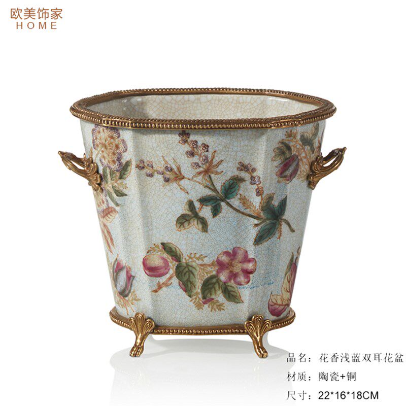 欧式美式纸巾盒陶瓷配铜古典客厅摆件瓷配铜双耳花盆花鸟烛台果盘