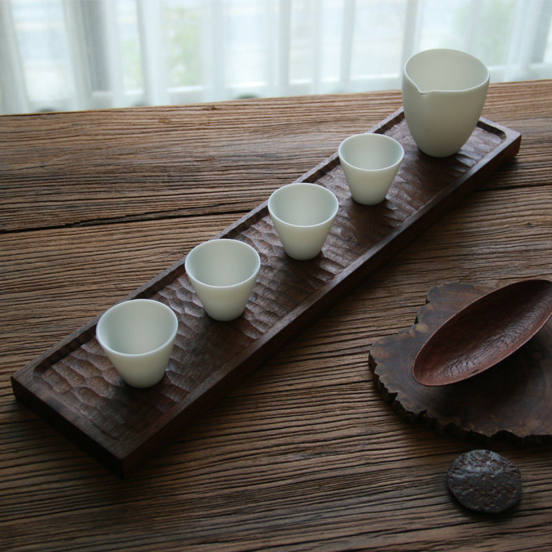 雨木匠 日式 黑胡桃手工实木雕刻 糕点餐盘长方形托盘 干泡茶盘