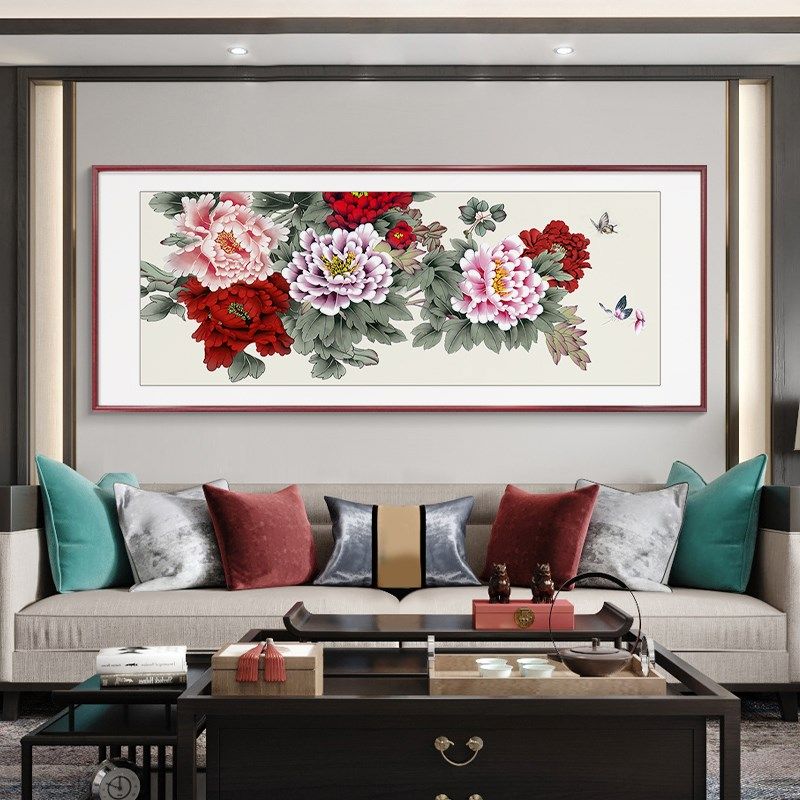 国画花开富贵装饰画挂画客厅新中式沙发背景墙手绘壁画九鱼牡丹图