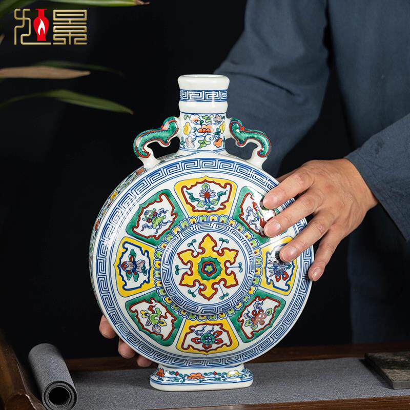 景德镇陶瓷花瓶青花斗彩抱月瓶摆件中式客厅玄关高端瓷瓶乔迁礼品
